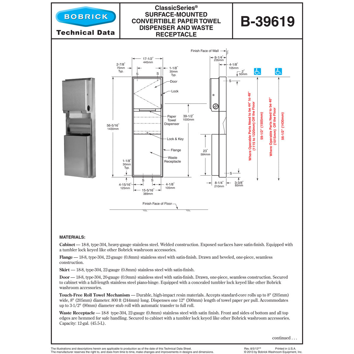 Bobrick B-39619 Surface-Mounted, Stainless Steel Combination Commercial Paper Towel Dispenser and Waste Receptacle Set