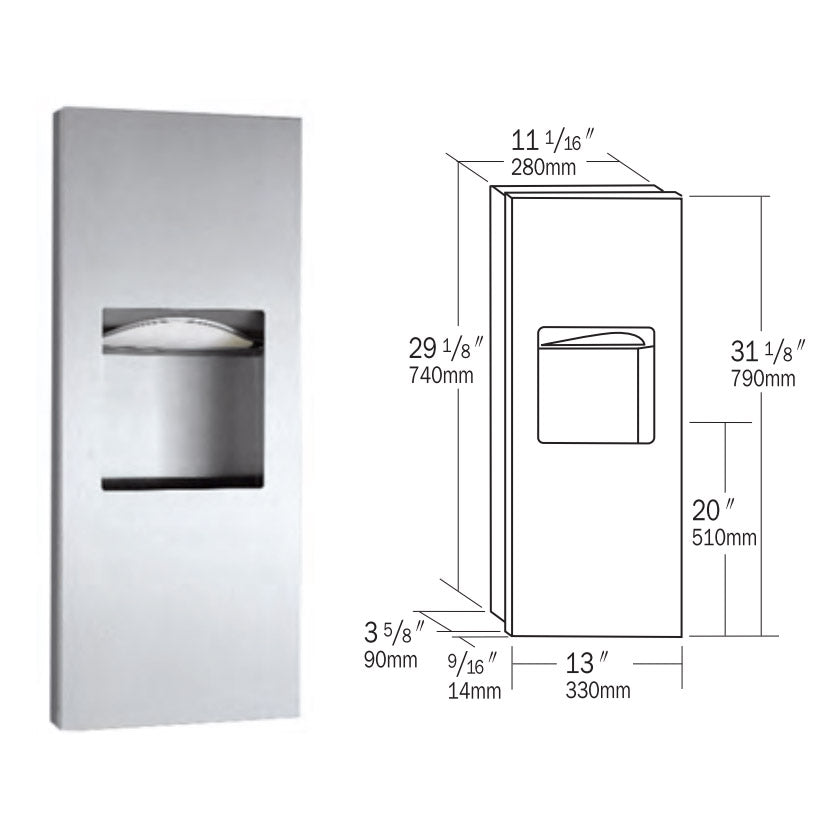 Bobrick B-36903 TrimLine Series Combination Commercial Paper Towel Dispenser and Waste Receptacle, Recessed-Mounted, Made of Satin-Finish Stainless Steel