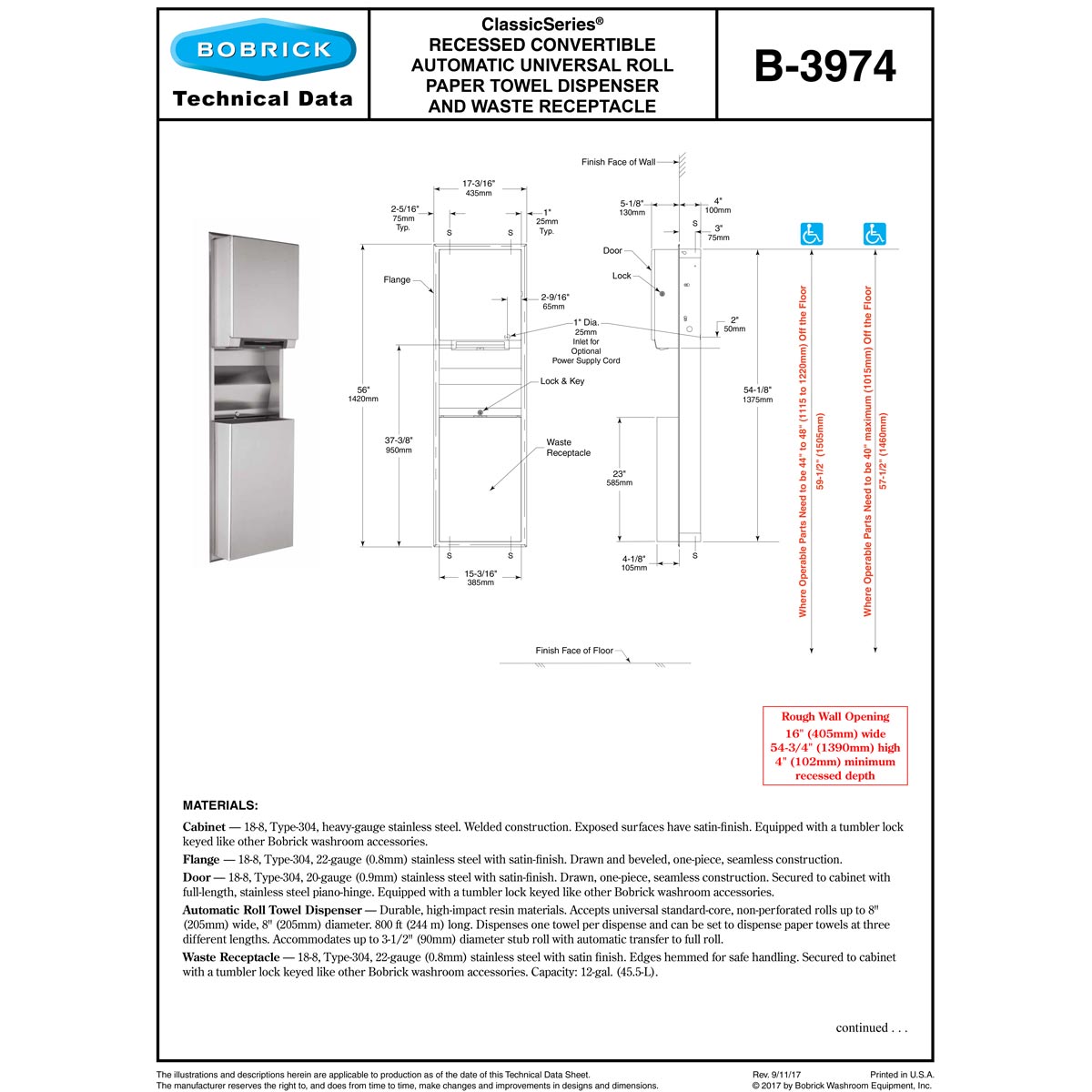 Bobrick B-3974 Recessed-Mounted Stainless Steel Auto Paper Towel Dispenser & Waste Receptacle