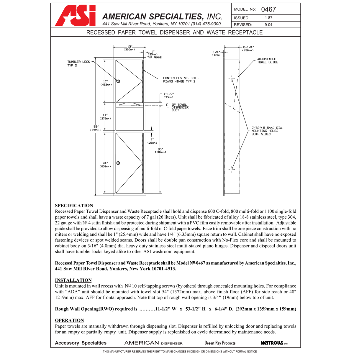 Stainless Steel Recessed-Mounted ASI 0467 Commercial Paper Towel Dispenser & Waste Receptacle