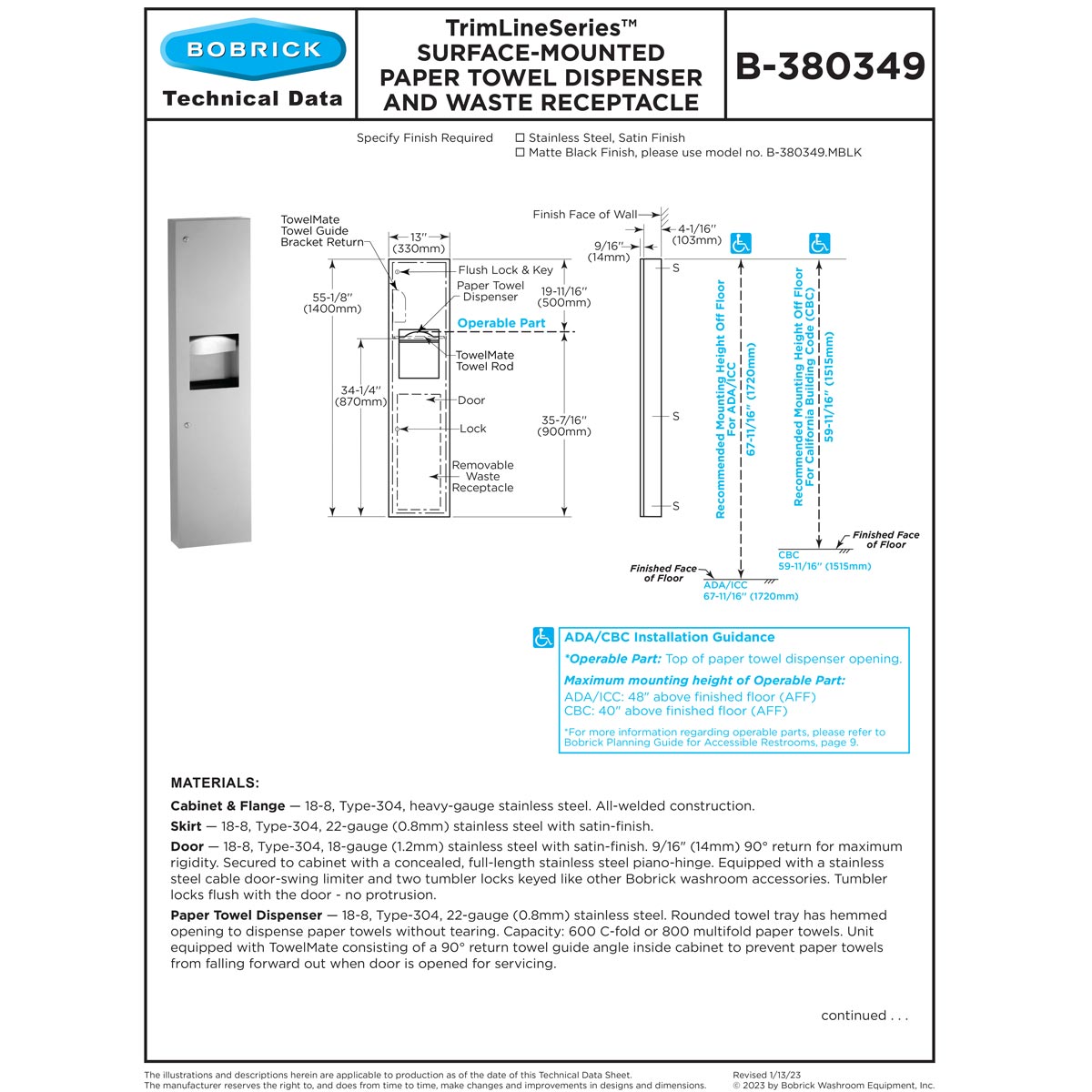 Bobrick TrimLine Surface-Mounted Stainless Steel Commercial Paper Towel Dispenser & Waste Receptacle