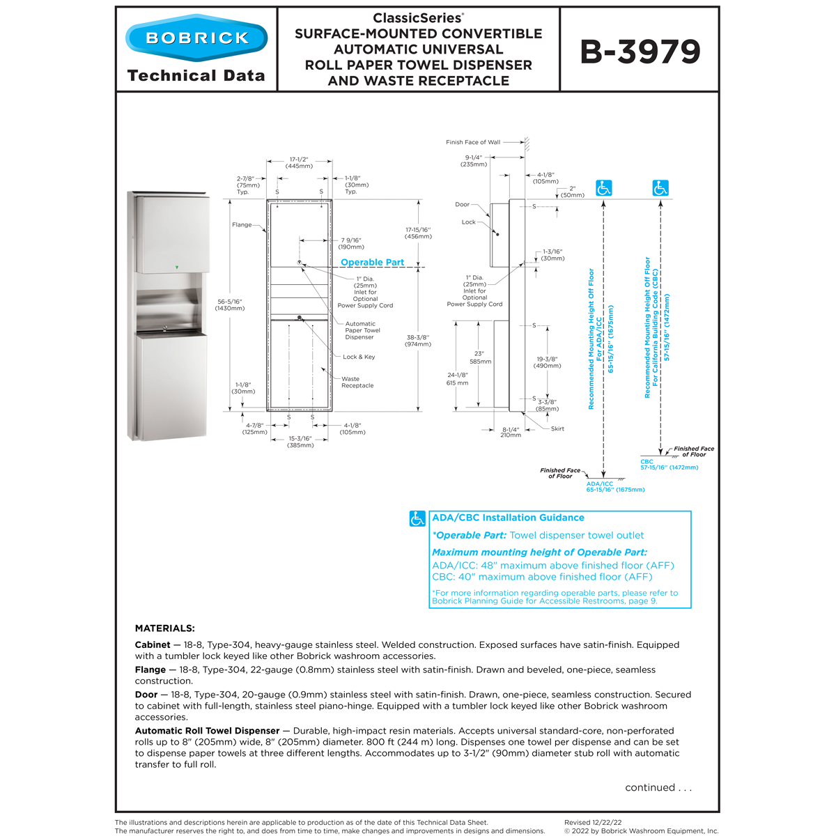 Bobrick B-3979 Surface-Mounted Stainless Steel Automatic Combo Paper Towel Dispenser & Waste Receptacle