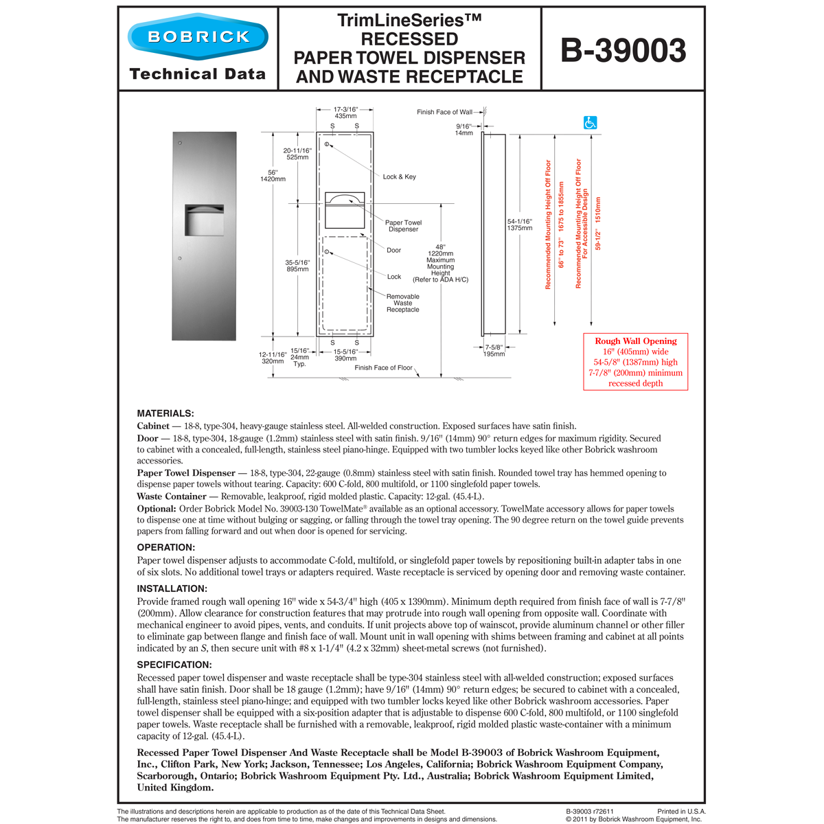 Bobrick B-39003 Commercial Combination Paper Towel Dispenser and Waste Receptacle, Recessed-Mounted, Made of High-Quality Stainless Steel