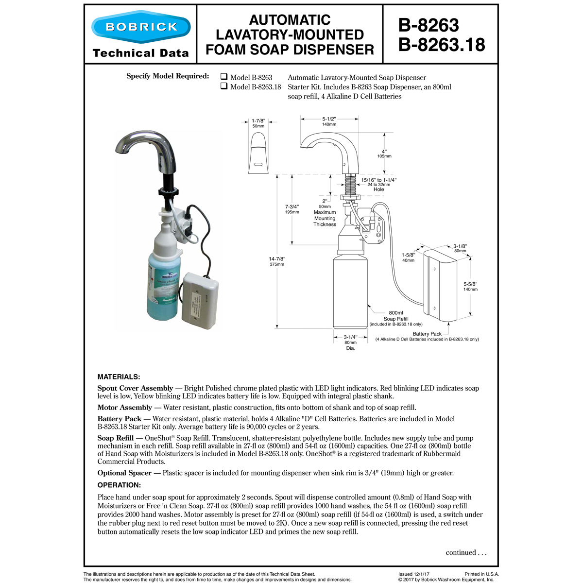 Bobrick B-8263 High - Quality Commercial Stainless Steel Touch - Free Counter - Mounted Foam Soap Dispenser with 6 - Spout Length (Soap Not Included, Refer to B - 8263.18)