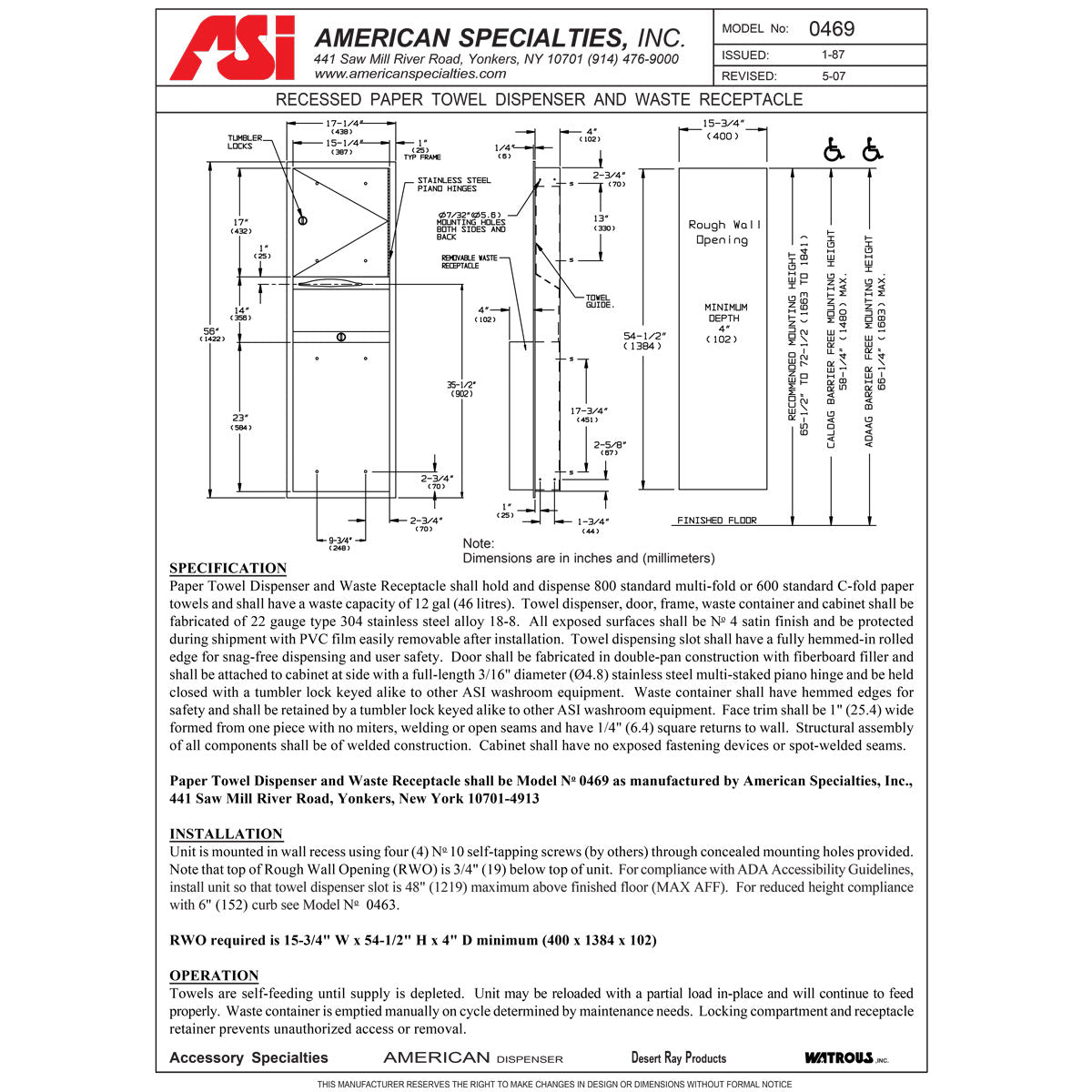 ASI 0469 Recessed-Mounted, Stainless Steel Commercial Combination Paper Towel Dispenser and Waste Receptacle for Restroom Facilities