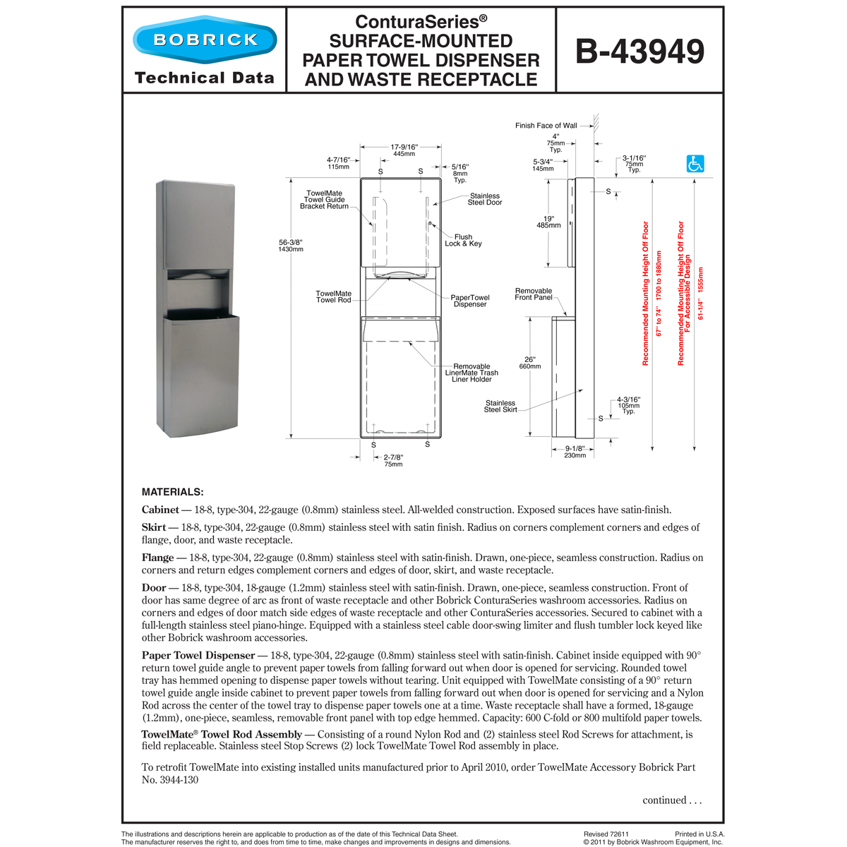 Bobrick B-43949 Commercial Surface-Mounted Stainless Steel Combination Paper Towel Dispenser and Waste Receptacle, Ideal for Washrooms