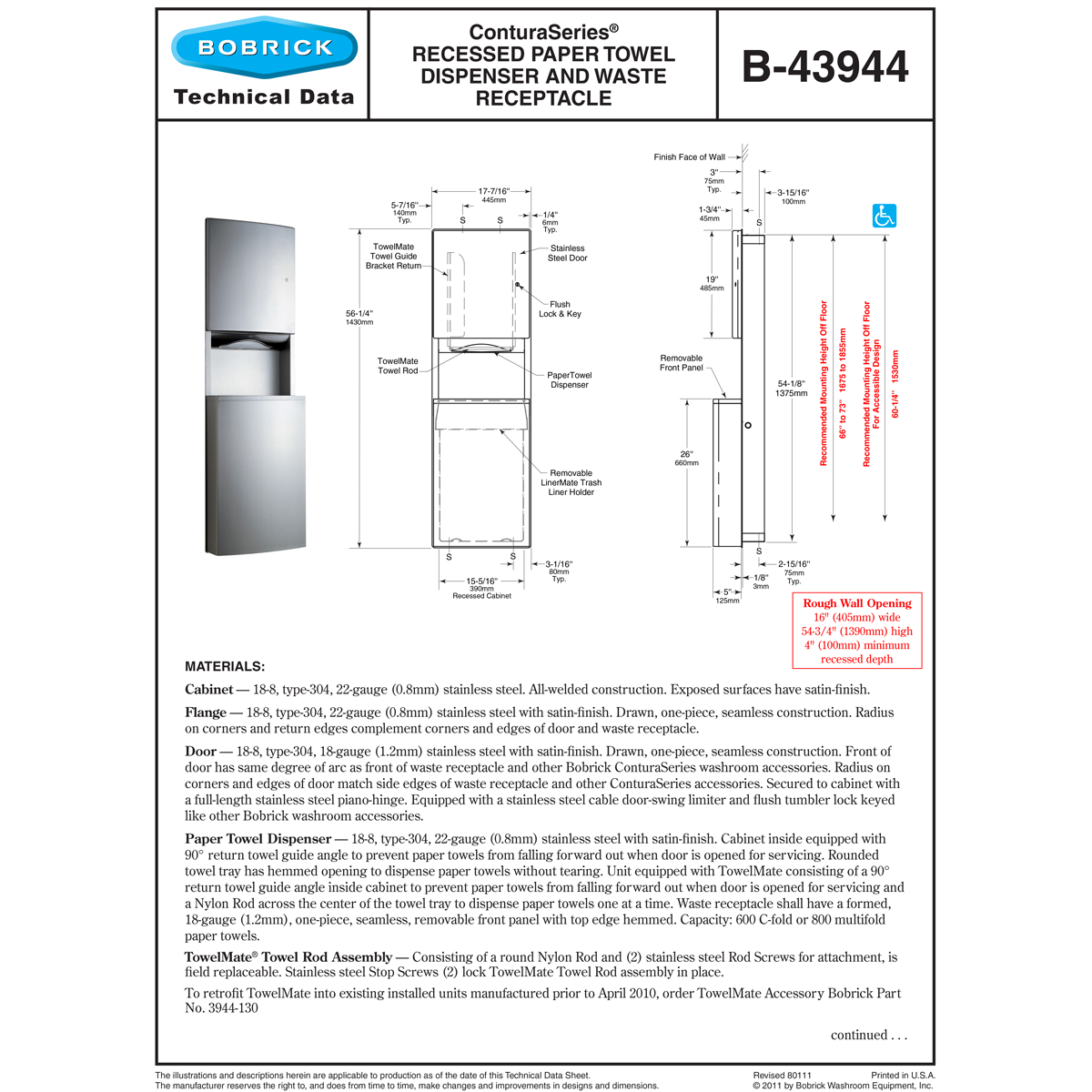 Bobrick B - 43944 High - Quality Commercial Combination Paper Towel Dispenser and Waste Receptacle, Recessed - Mounted, Crafted from Satin - Finish Stainless Steel
