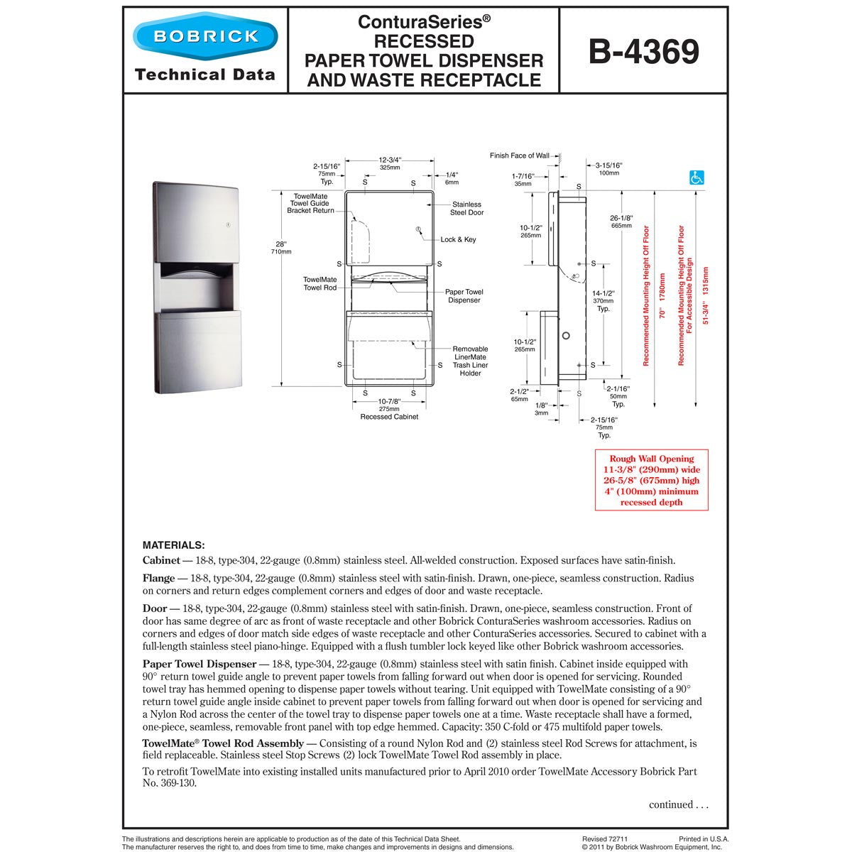 Bobrick B-4369 Recessed-Mounted Stainless Steel Commercial Paper Towel Dispenser & Waste Receptacle