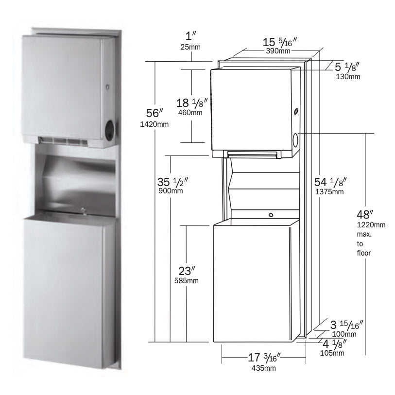 Bobrick B-3961 Satin Stainless Steel Recessed Commercial Paper Towel Dispenser & Waste Receptacle