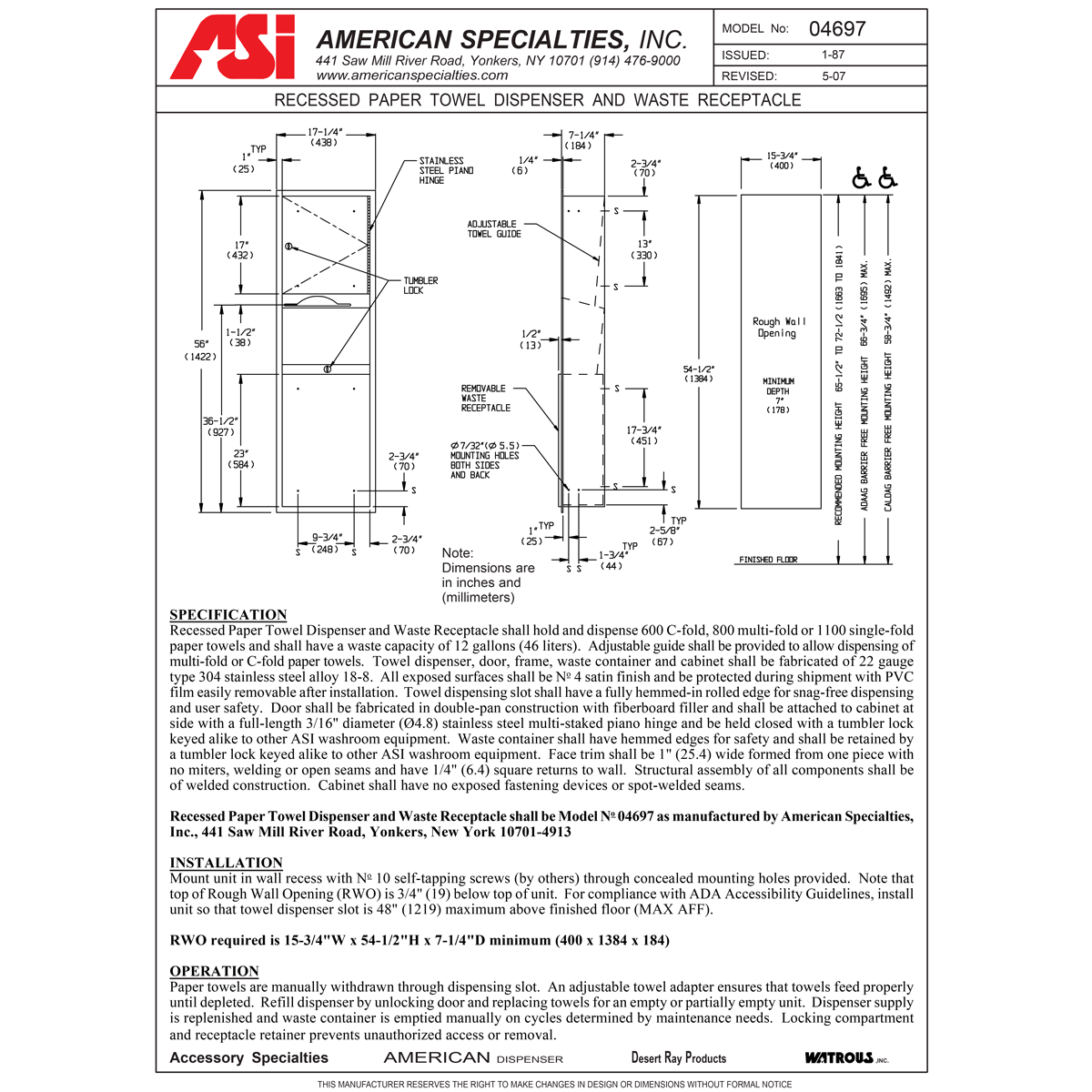 ASI 04697 Recessed-Mounted, Stainless Steel Combination Unit: Commercial Paper Towel Dispenser and Waste Receptacle