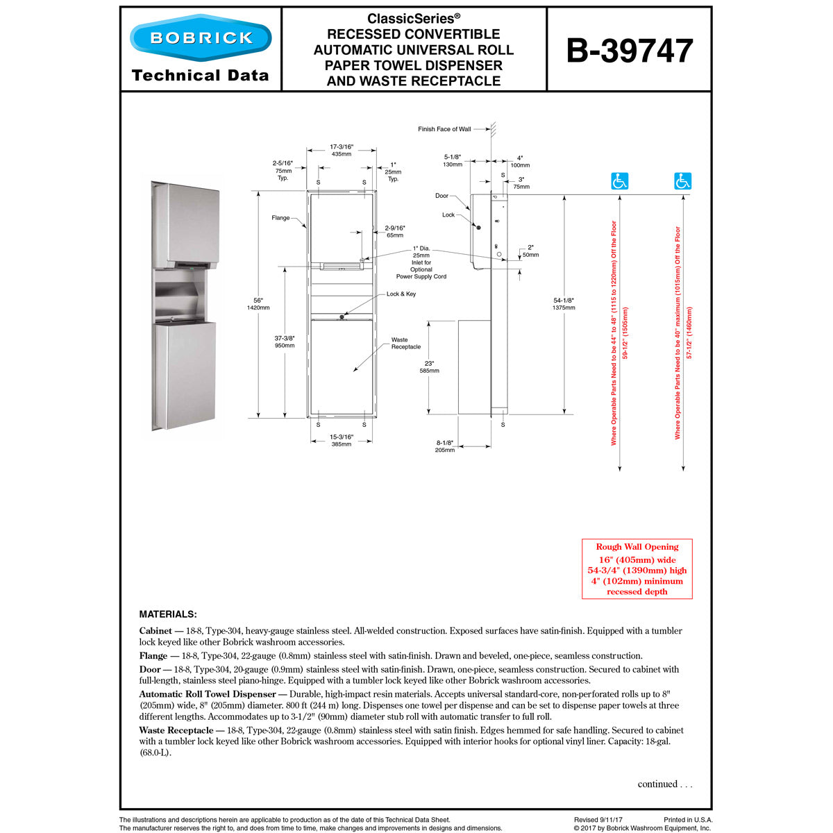 Bobrick B-39747 Commercial Automatic Combination Paper Towel Dispenser and Waste Receptacle, Recessed-Mounted Design, Crafted from High-Quality Stainless Steel