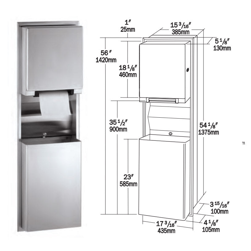 Bobrick B-3974 Recessed-Mounted Stainless Steel Auto Paper Towel Dispenser & Waste Receptacle