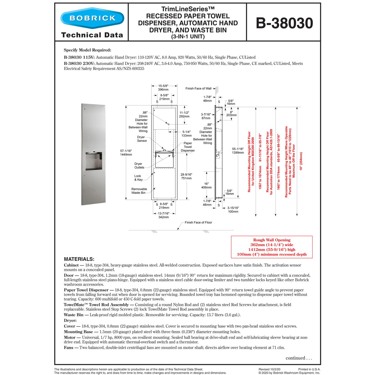 Bobrick B-38030 115V Commercial Recessed 4-inch Towel Dispenser with Hand Dryer and Waste Bin