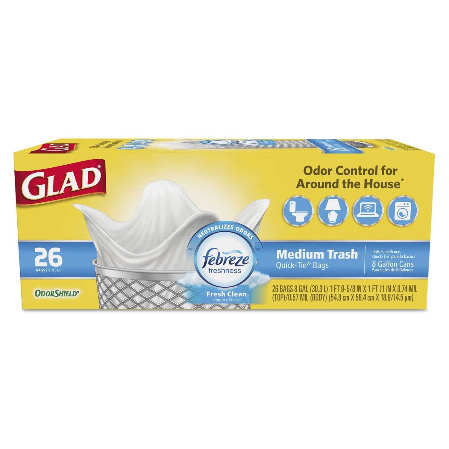 Glad Medium Quick-Tie OdorShield Plastic Trash Bags, 8 Gallons Capacity, 0.57 Mil Thickness, 21.63 X 23 Dimensions, White Color, Pack of 26 in a Box - CLO78815BX