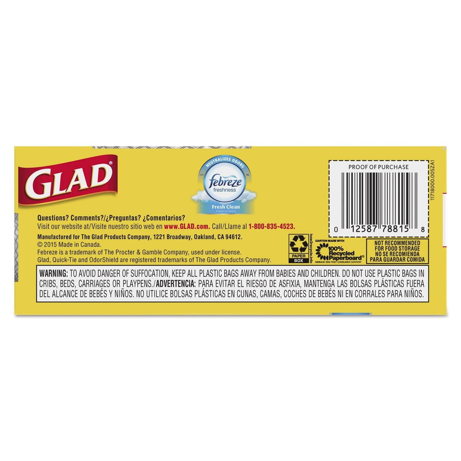 Glad Medium Quick-Tie OdorShield Plastic Trash Bags, 8 Gallons Capacity, 0.57 Mil Thickness, 21.63 X 23 Dimensions, White Color, Pack of 26 in a Box - CLO78815BX